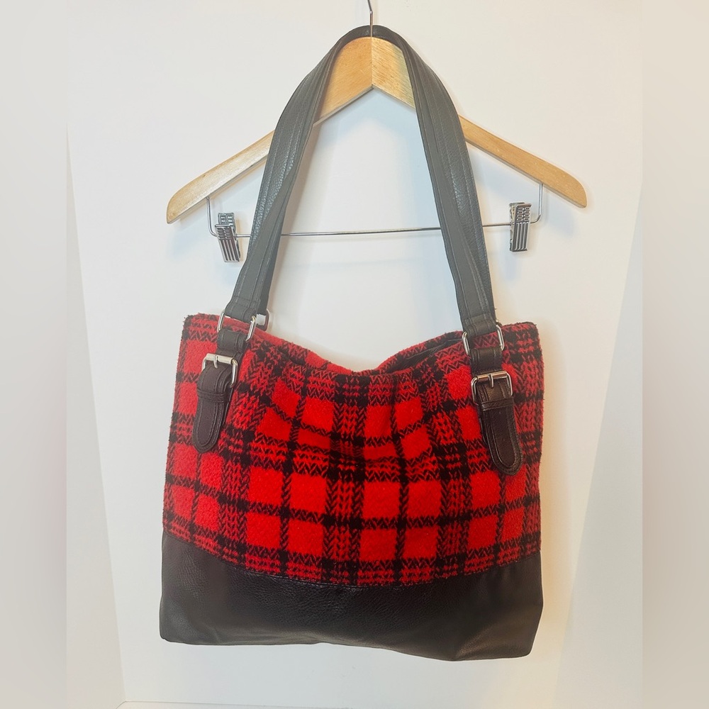 BUENO Large Red and Black Buffalo Plaid Flannel and Black Vegan Leather Tote Bag